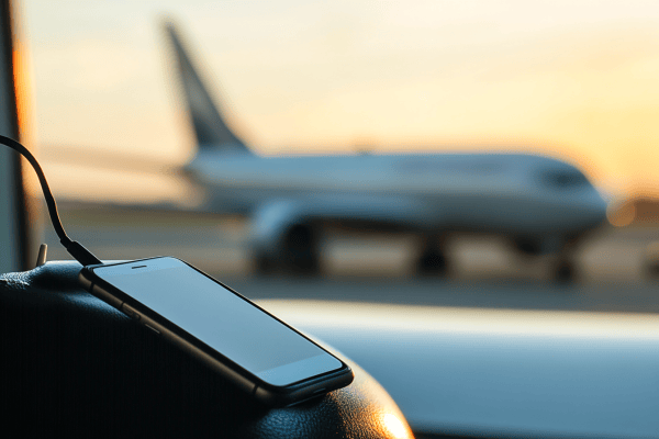 A smartphone charging in an airport terminal