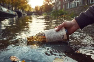 Hand trekt boodschap in een fles uit water